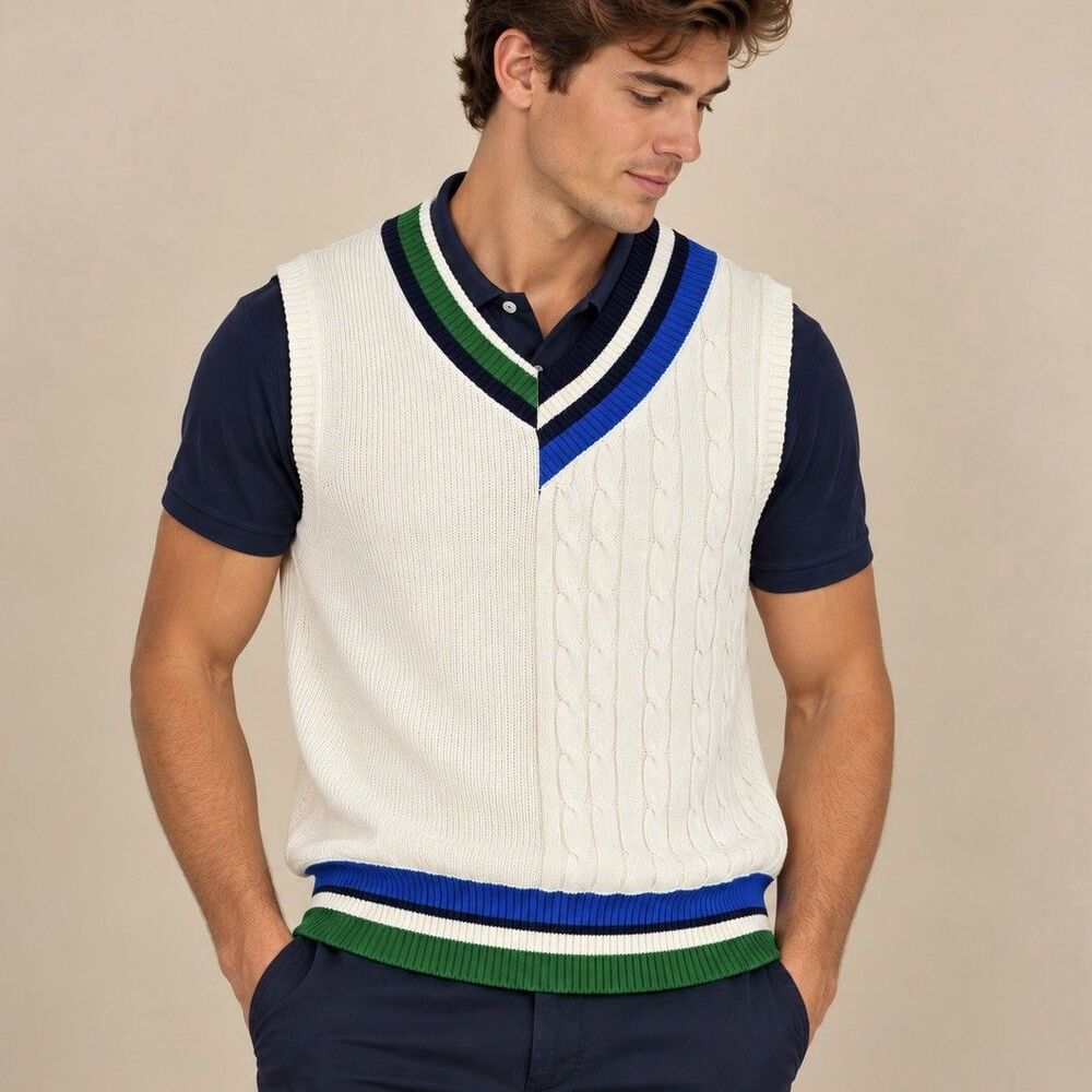 Club Room Mens Small Cable Knit Sweater Vest Golf Preppy Ivory Cotton NWT